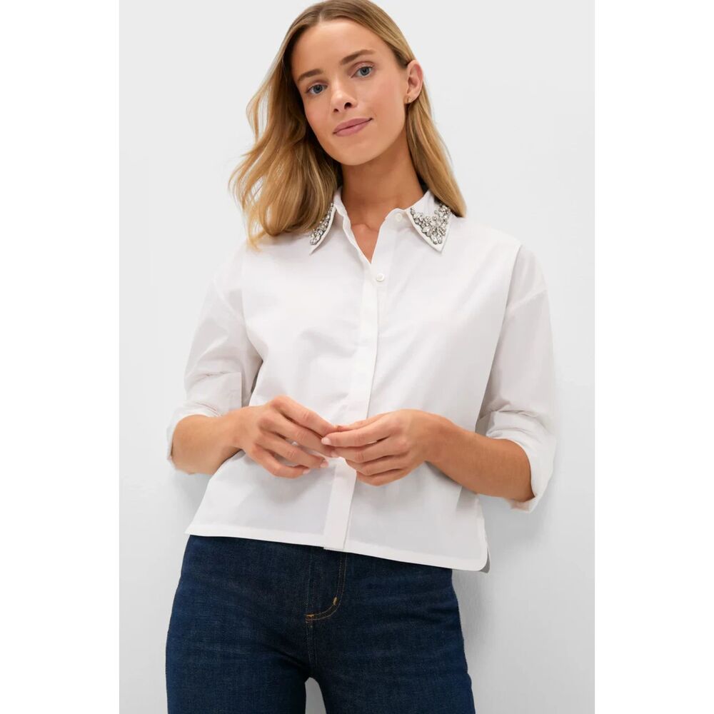 Tuckernuck White Embellished Cropped Jasper Button Down